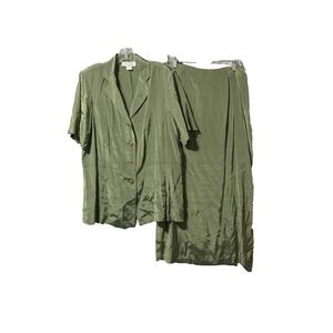 Giorgio Fiorlini Skirt Suit Set Women 14 Green Short Sleeve 2 Piece Made USA Vtg